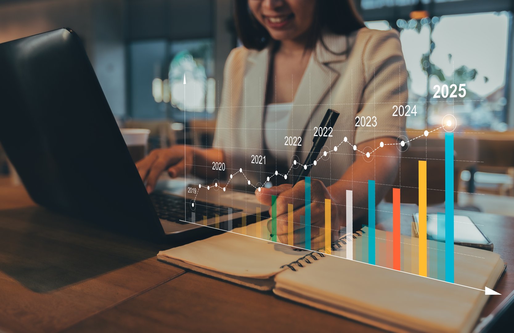 Businesswoman use graph from 2019 to 2025 year of business planing and stock investment growth concept.