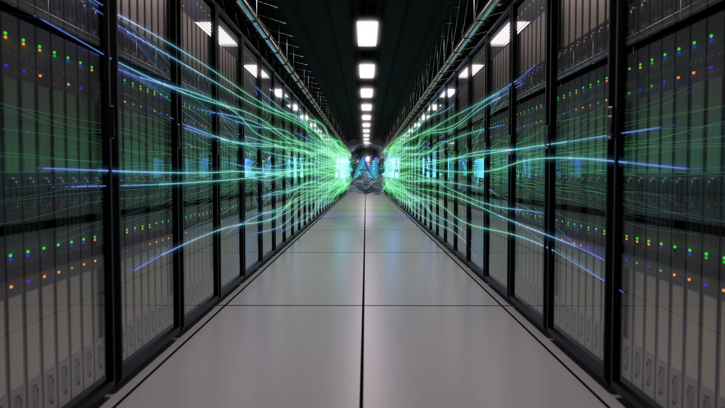 3d rendered image of a datacenter with an abstract AI object in the center being built up.