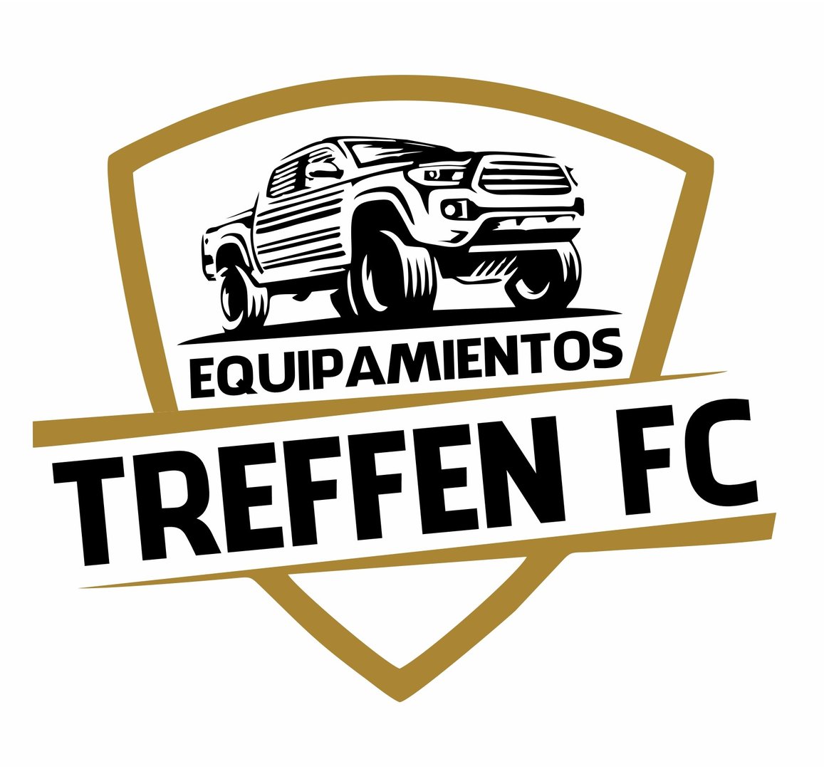 Logo with a pickup truck illustration, text Equipamientos Treffen FC on a shield-like background in gold and black.