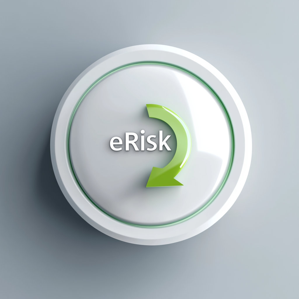 3D button labeled "eRisk" with a green arrow encircling it, on a gray background, symbolizing digital risk management.