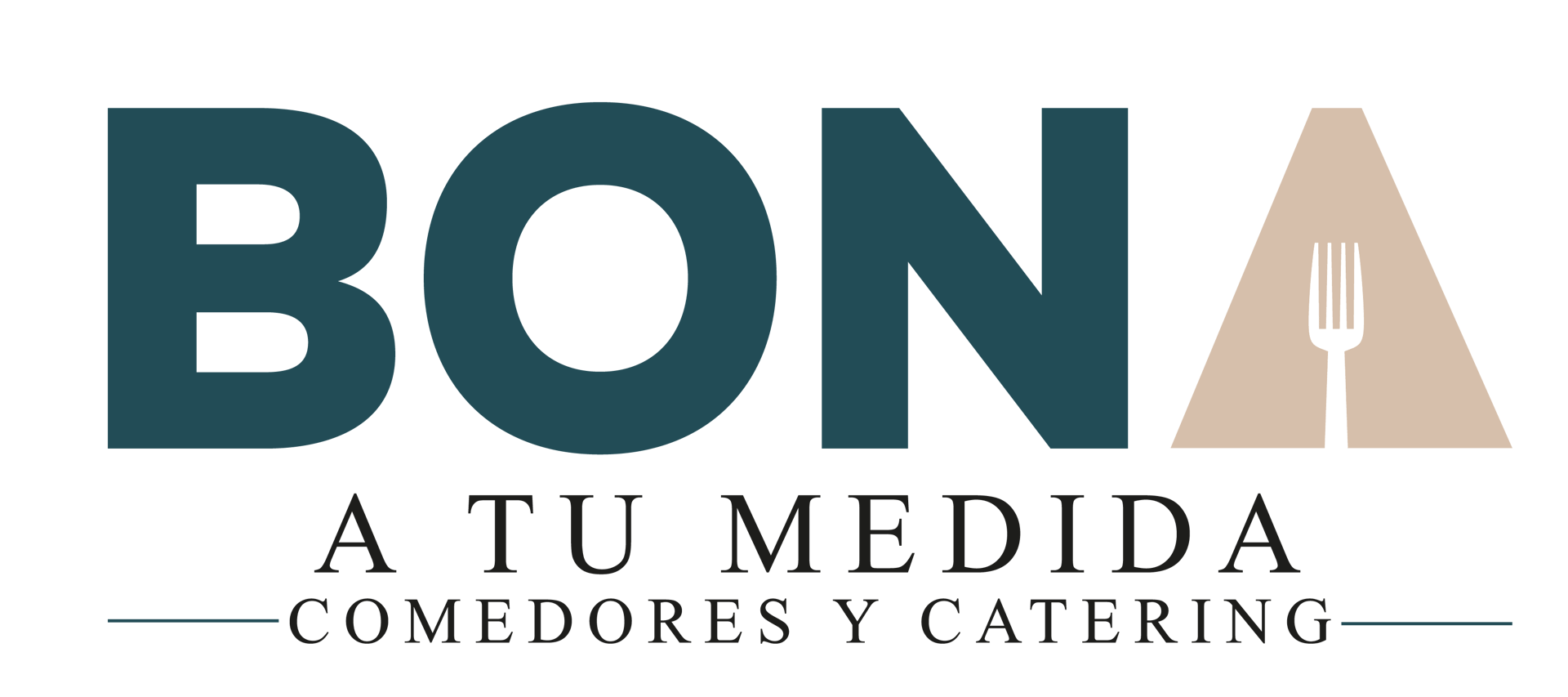 Logo for "BONA A TU MEDIDA COMEDORES Y CATERING" with a fork on a triangle in the letter 'A'.