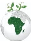A globe with Africa in green and sprouting green leaves, symbolizing growth and environmental awareness.