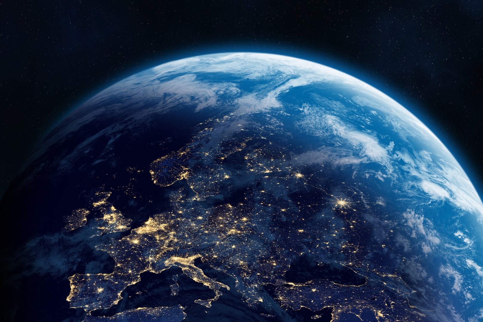 Europe at night viewed from space with city lights