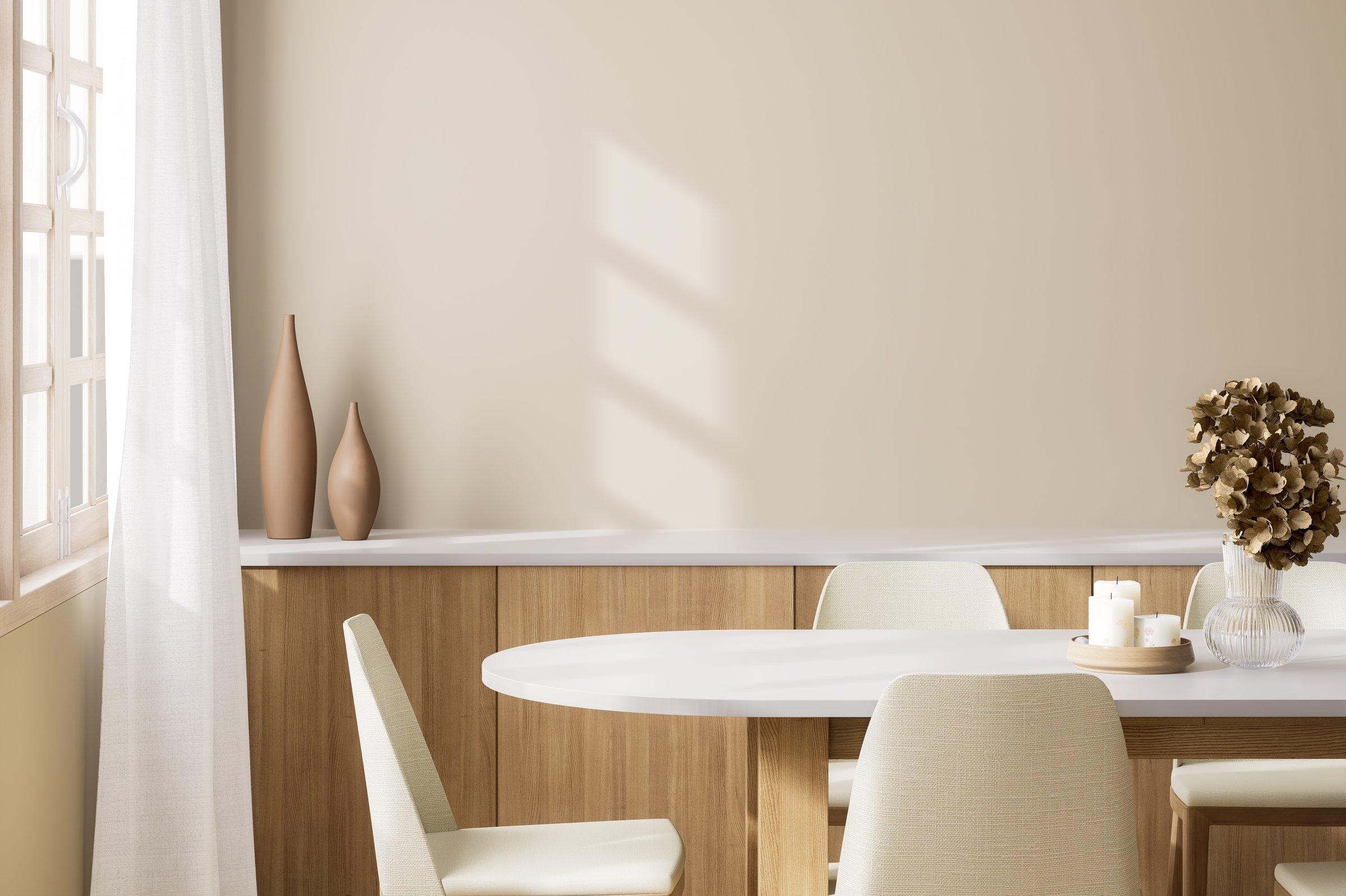 Minimal style modern contemporary dining room interior with white window and sunlight 3d render there are white top table, fabric chair decorated with dry leaves in vase