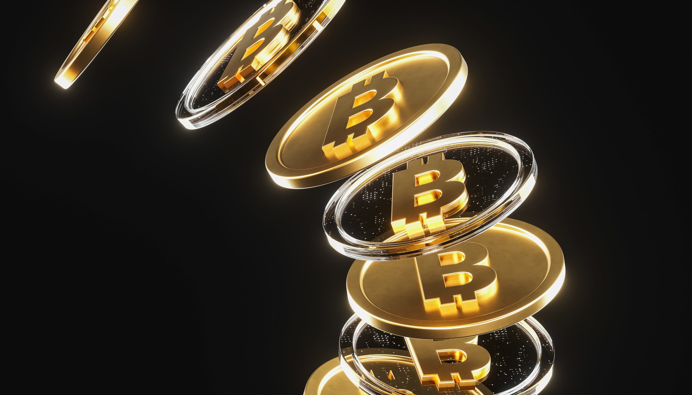 Futuristic Golden Bitcoin Coins on dark background  3D Digital Cryptocurrency Concept