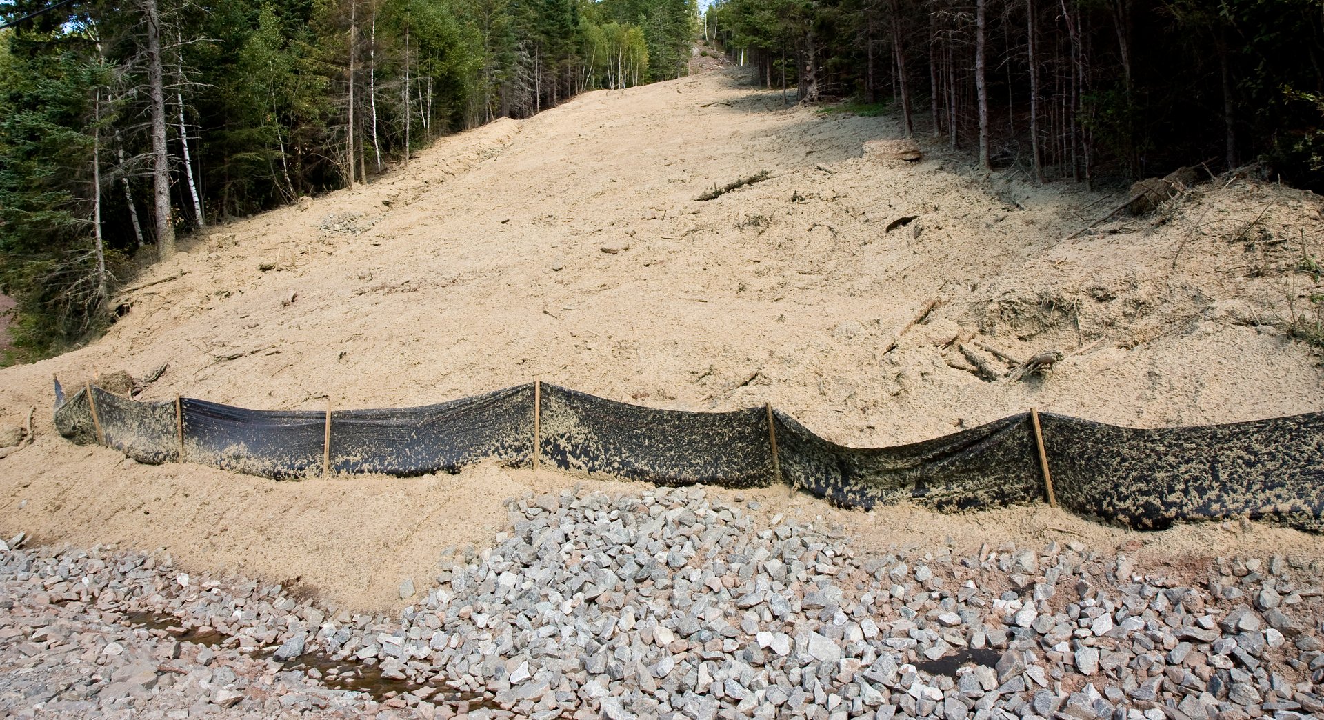 Silt fence used for sediment control plus rip rap used for erosion control.