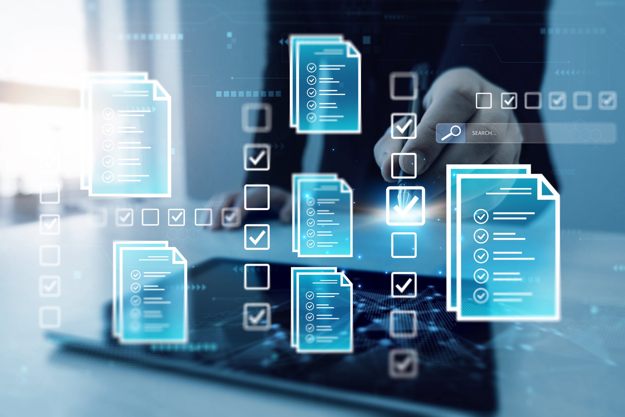 Businessman check virtual electronic documents  and checklist approve. Business productivity checklist and filling survey form.Fast checklist and clipboard task management