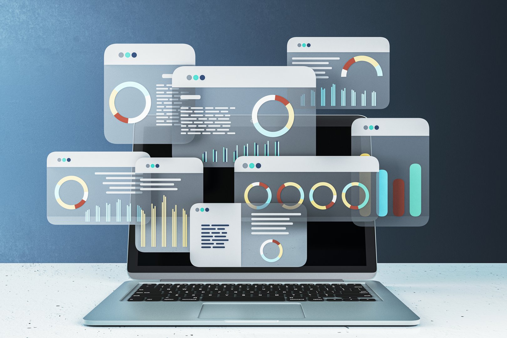 A laptop displaying transparent data analysis interfaces with graphs and charts on a modern background. 3D Rendering