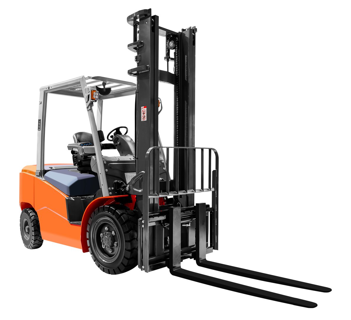 Orange electric forklift isolated on white background with clipping path