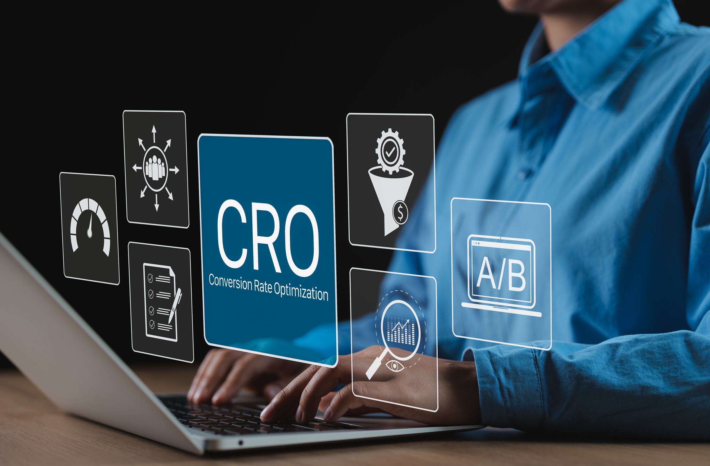 CRO Conversion Rate Optimization Technology Concept. Woman using laptop with icons representing CRO, analytics, A/B testing, funnel optimization, performance metrics for digital marketing improvement,