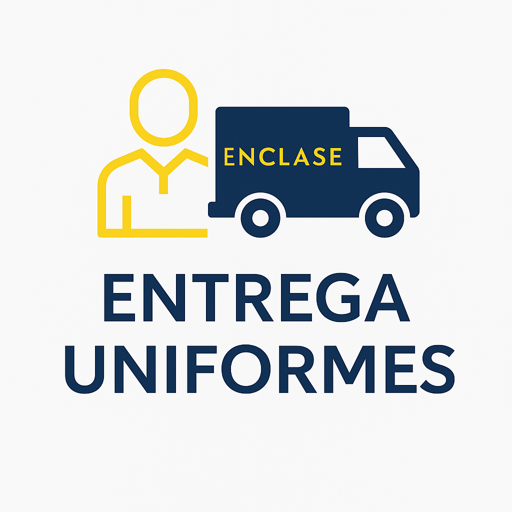 Icon of a person with a delivery truck labeled Enclase, and text Entrega Uniformes indicating uniform delivery.
