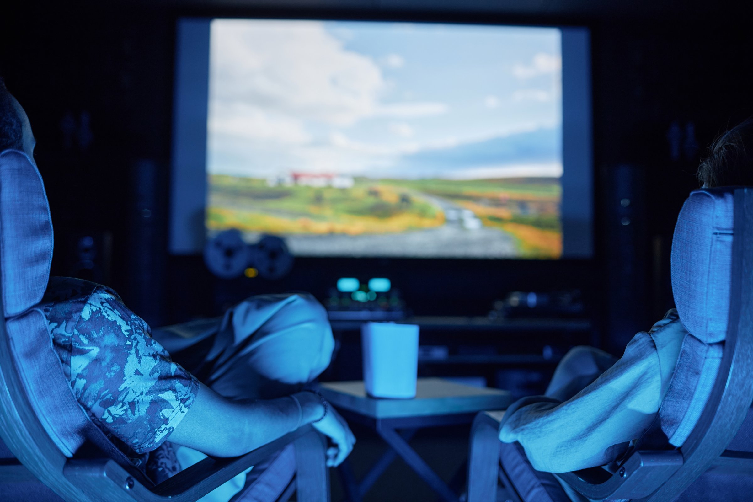 Couple watching movie in home cinema