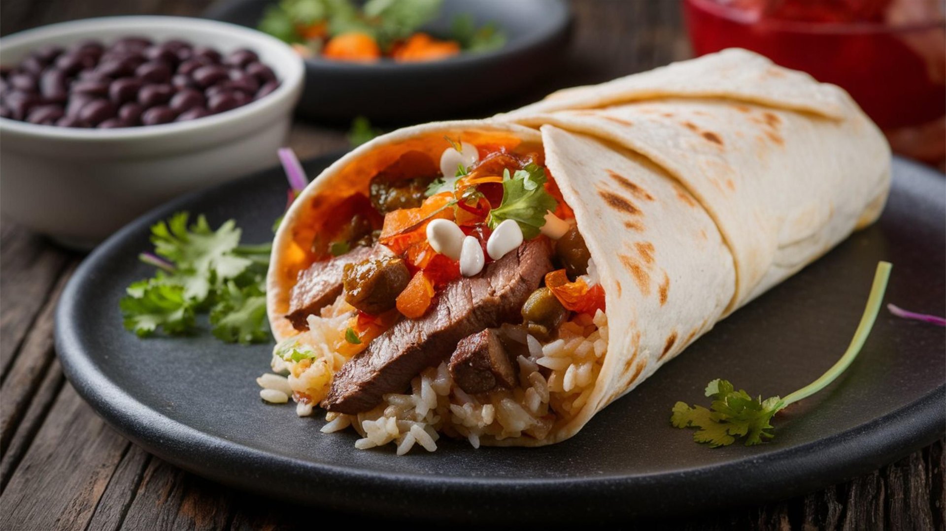Delicious beef burrito with rice, beans, and fresh cilantro on a black plate, showcasing vibrant colors and textures.