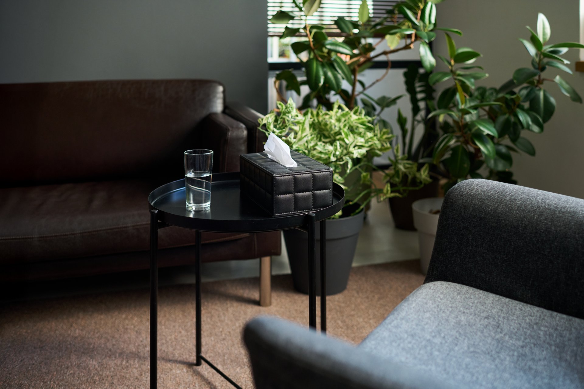Empty psychotherapists office featuring glass of water and tissue box on round table with green potted plants in background, modern seating arrangement visible, no people present