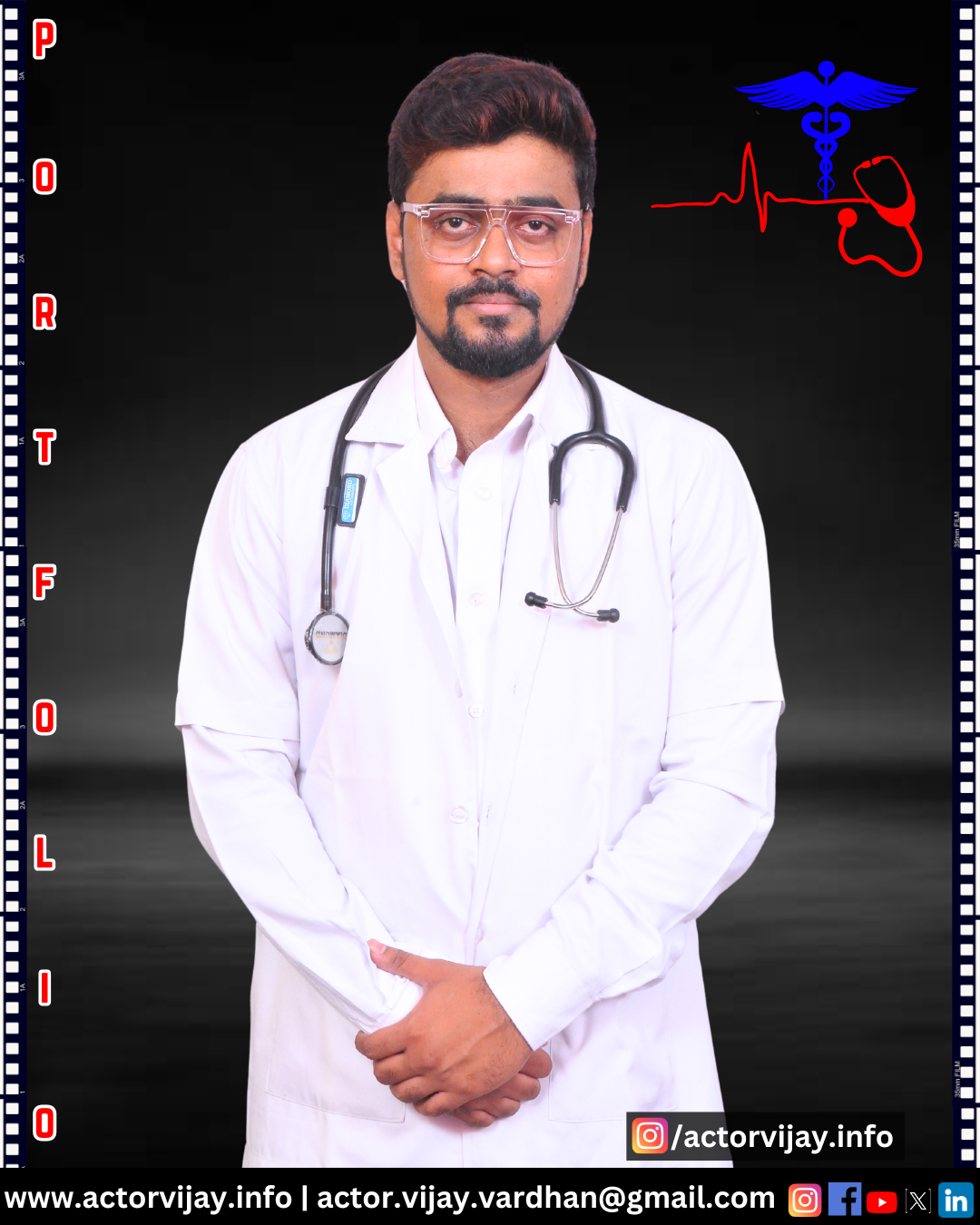 Male doctor in a white coat with stethoscope, standing against a black background with medical symbols and contact info.