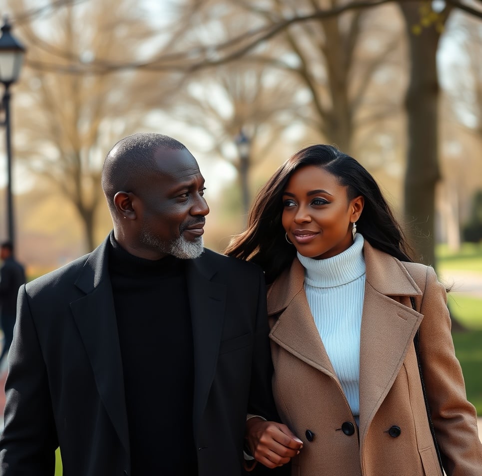 A couple walking outdoors, wearing warm coats. The man has a beard, and the woman has long hair. Trees visible in the background.