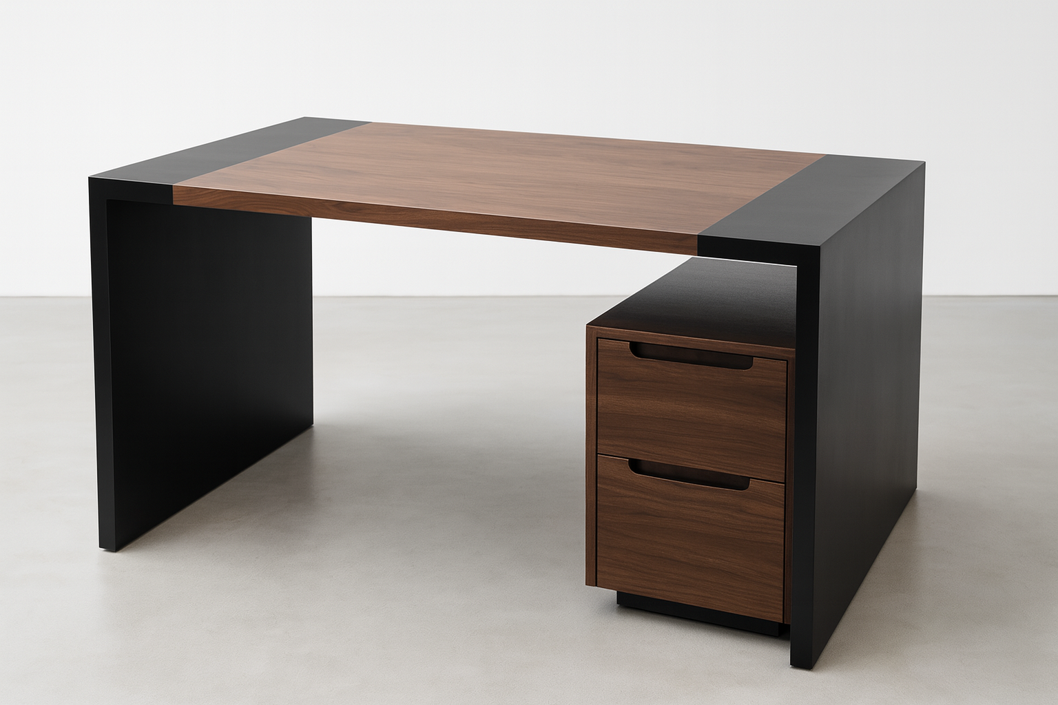 Escritorio moderno en parota con franja central de madera natural y alas laterales en negro con pedestal de 2 cajones