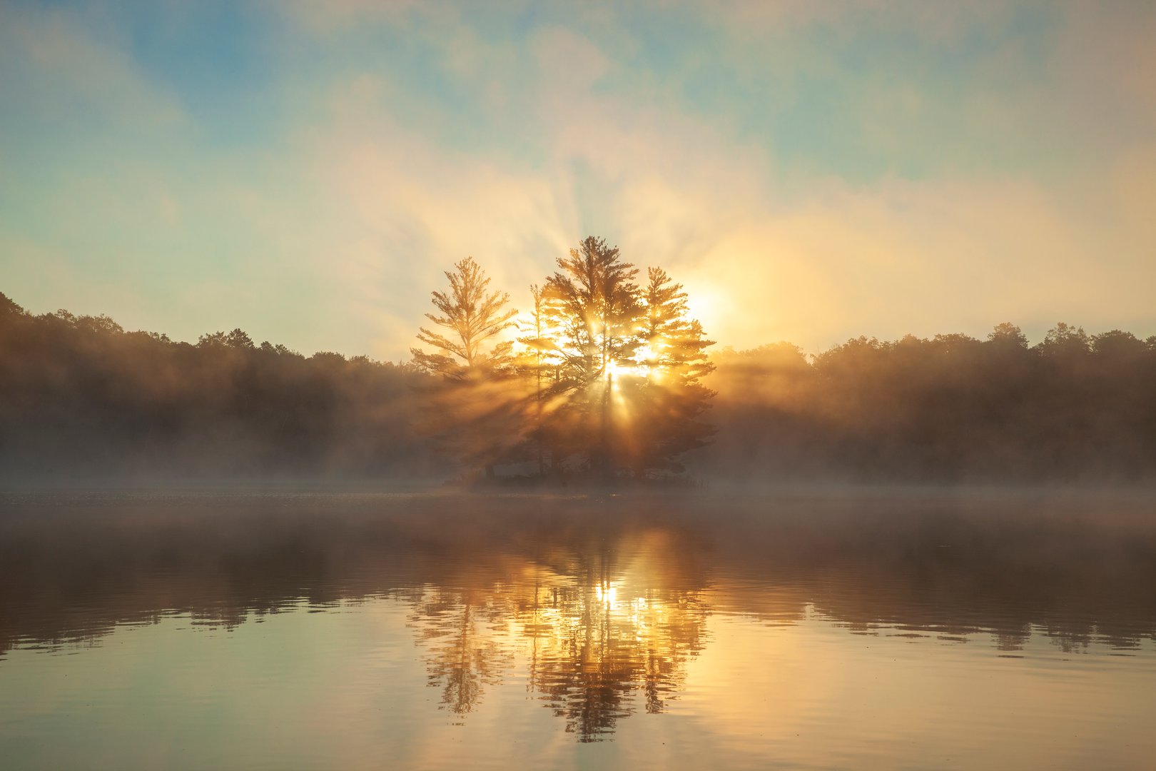 Sunrise through pine trees fog and a sunburst on a northern Minnesota lake