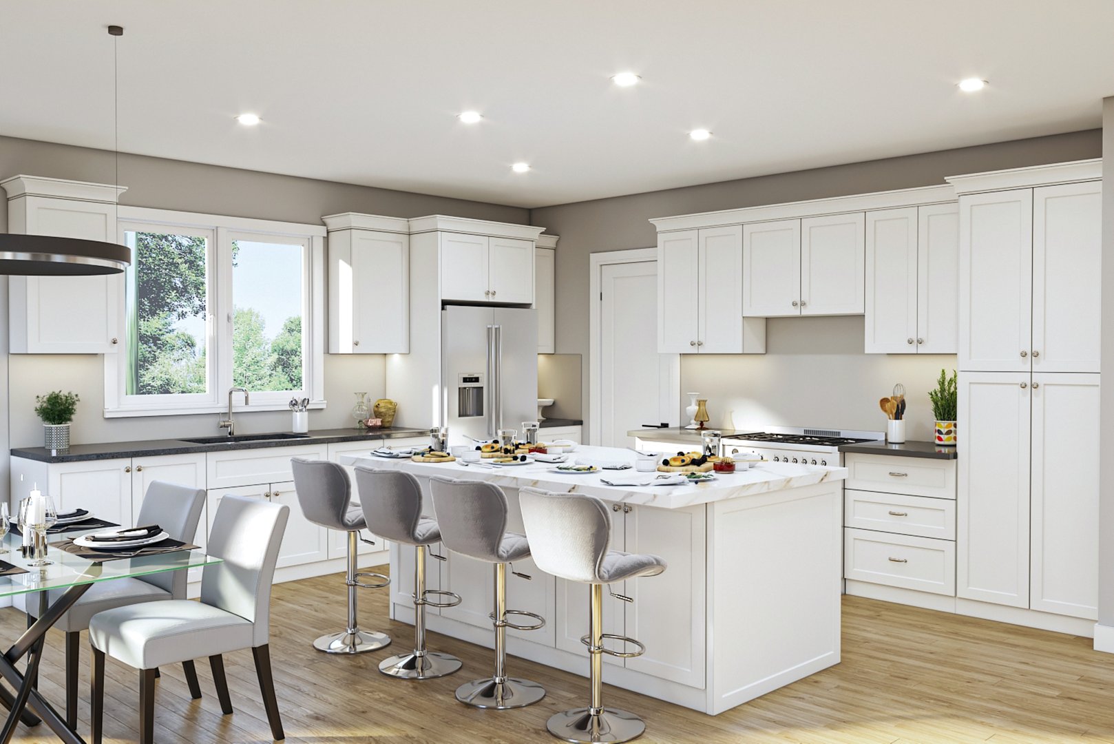 Bright and contemporary kitchen featuring white cabinetry, an inviting island with seating, and a dining table in an open, stylish design.