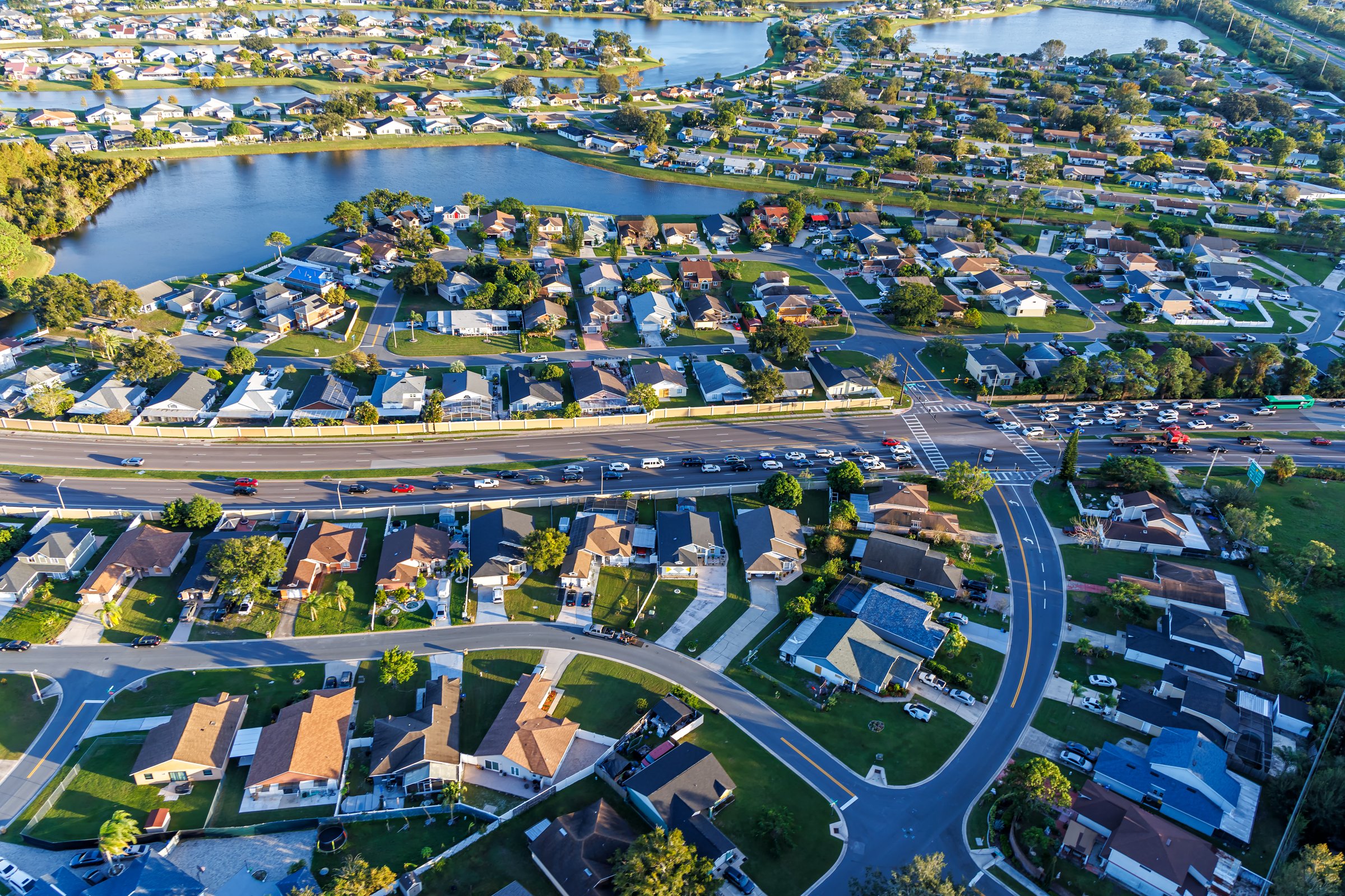 Aerial view photo of new modern neighborhood real estate buildings in Florida Buenaventura Lakes, Orlando, United States