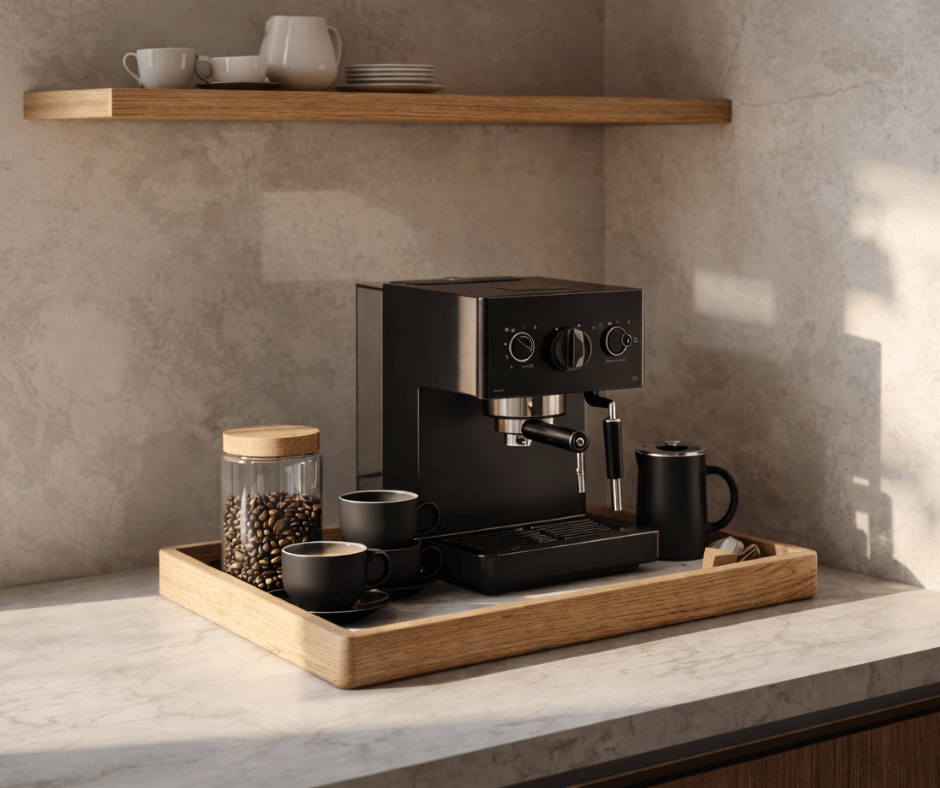 Espressomaskin Philips på kaffestasjon med latte og cappuccino