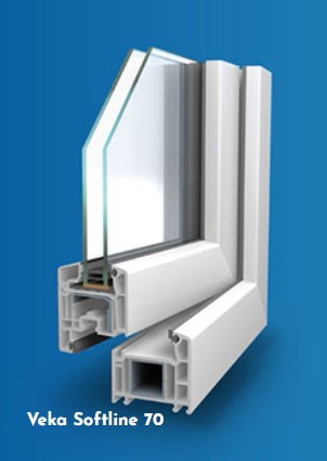 Profile view of a Veka Softline 70 window frame on a blue background, showcasing its design and structure.