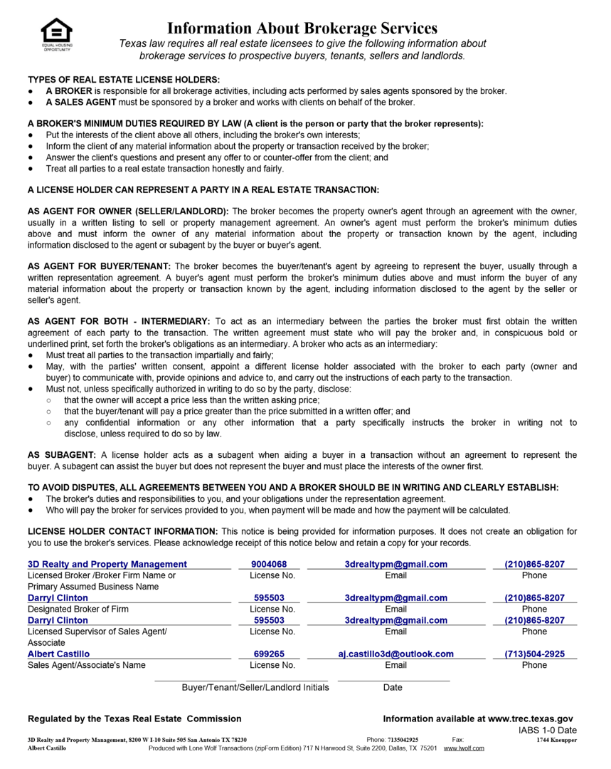 Texas Real Estate Commission Information About Brokerage Services Document