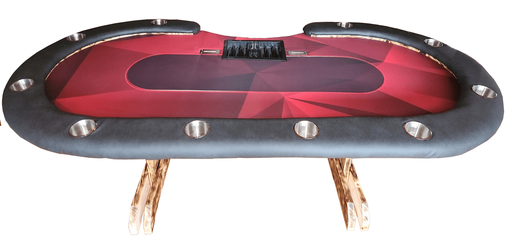 Red poker table with Q Cloth felt top view