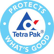 Tetra Pak logo with a blue circle, triangle symbol, and slogan Protects Whats Good.