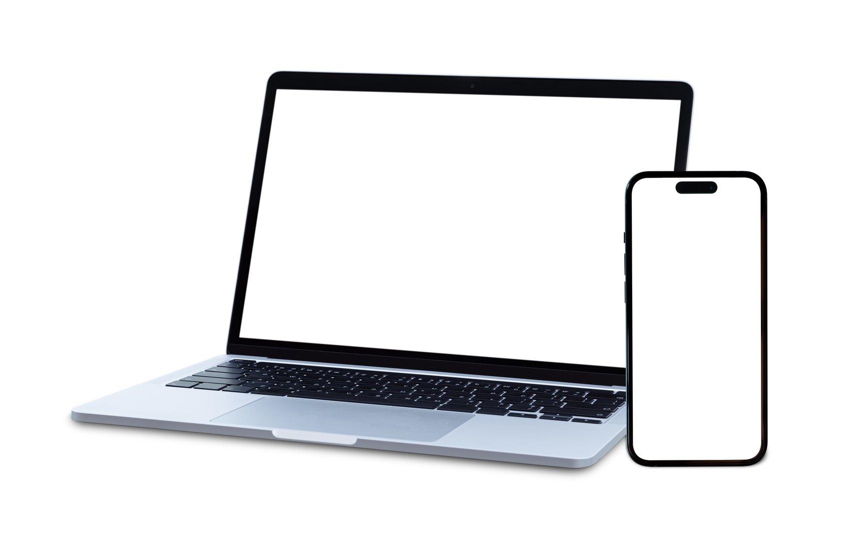 Laptop computer and mobile phone with blank screen isolated on white background