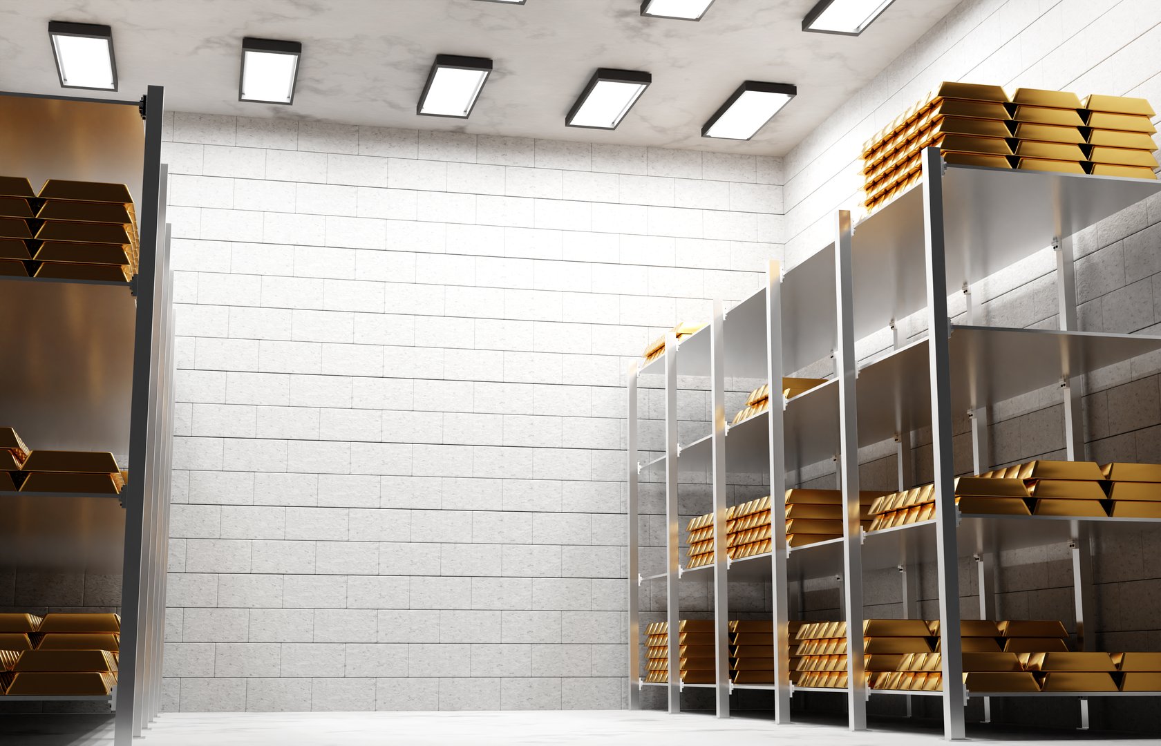 The gold bars are on the shelves of the warehouse. Investments in gold concept. 3d-rendering