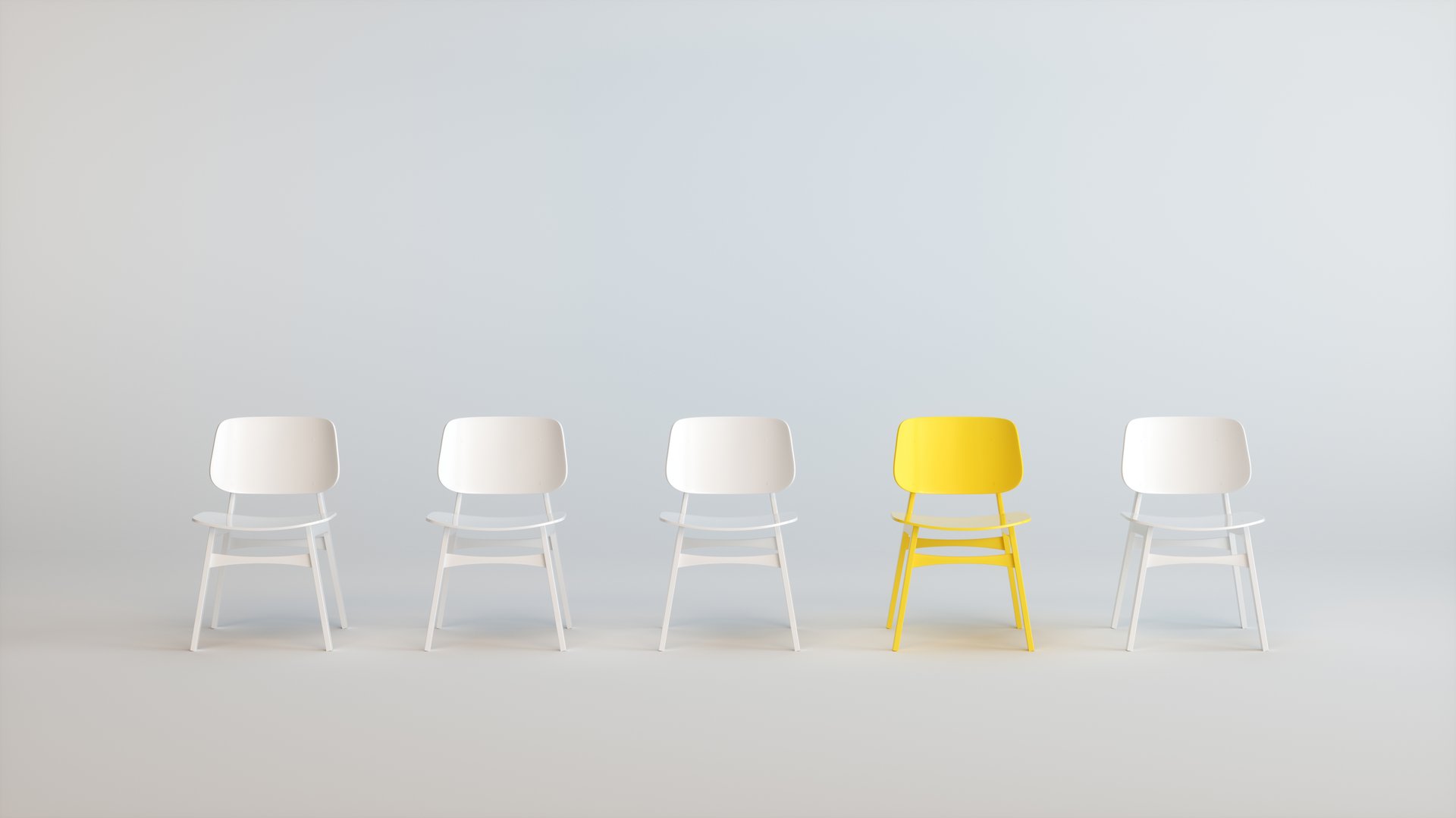 A Yellow Chair That Stands Out From the Chairs Crowd on a Soft White Studio Background. Business concept. 3D rendering