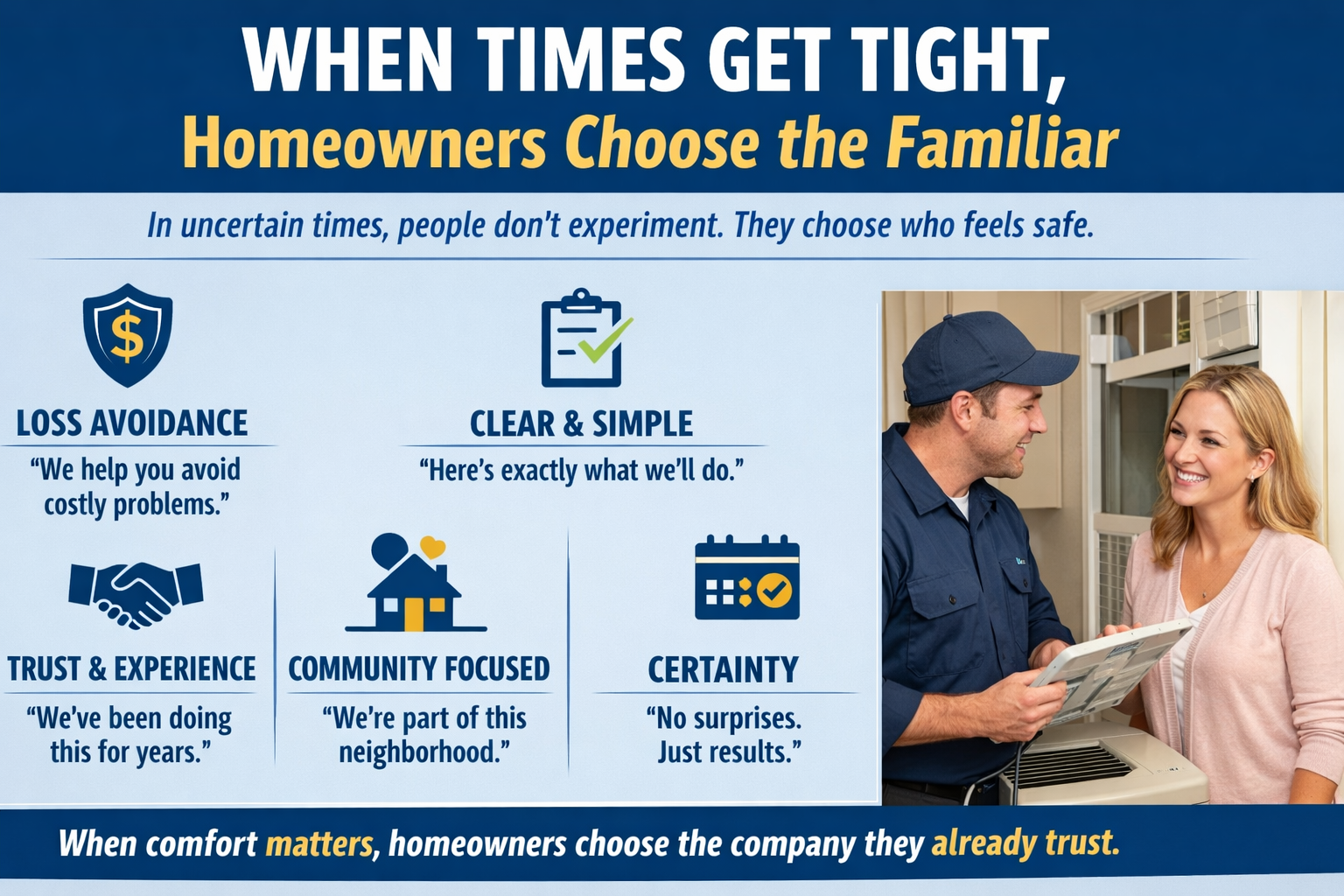 When Times Get Tight Infographic - How buyer behavior changes during economic uncertainty and what service businesses should do to stay visible and maintain market position
