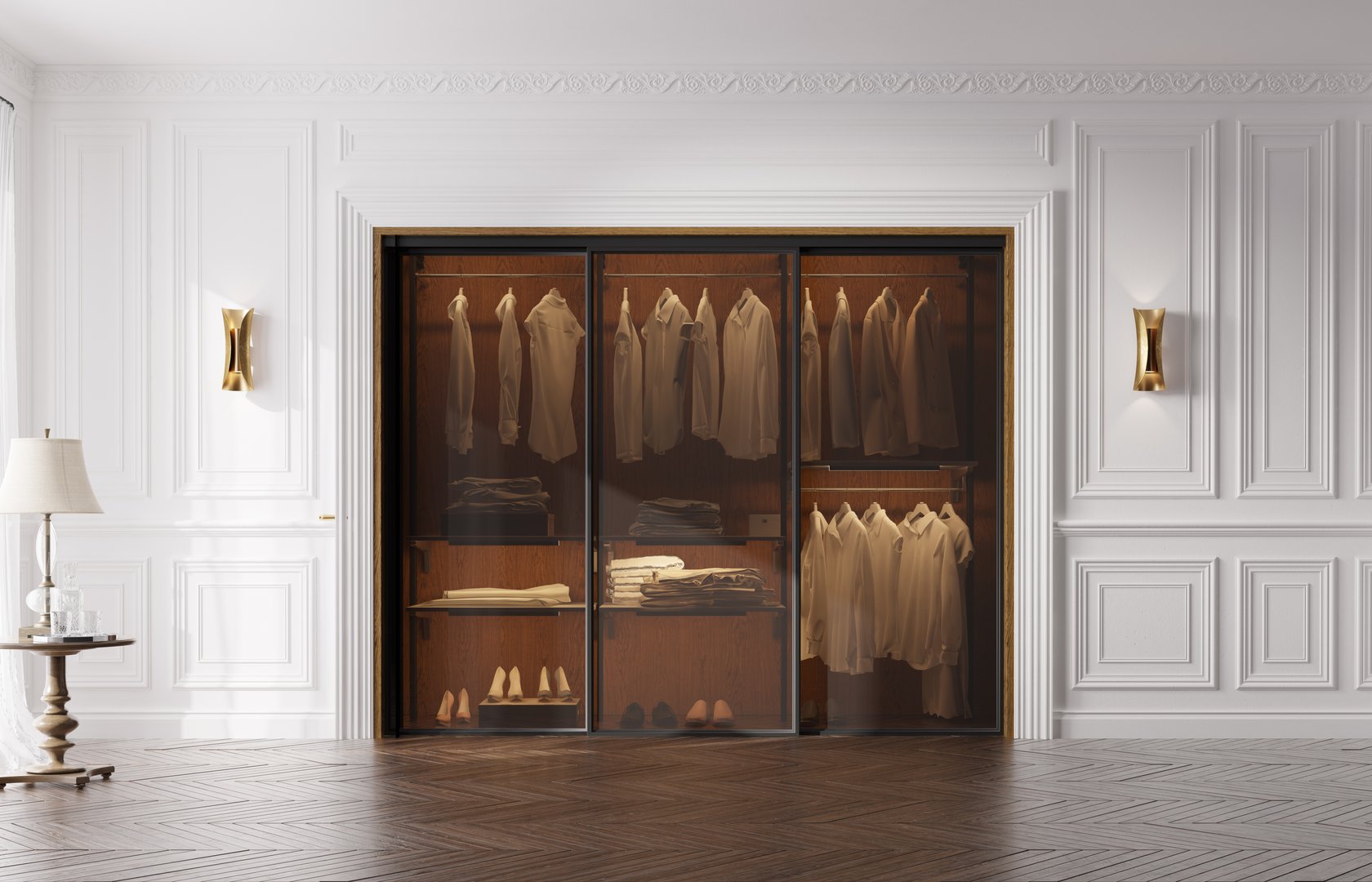 Luxury living room with wardrobe, premium style. Neoclassical interior design. 3d illustration