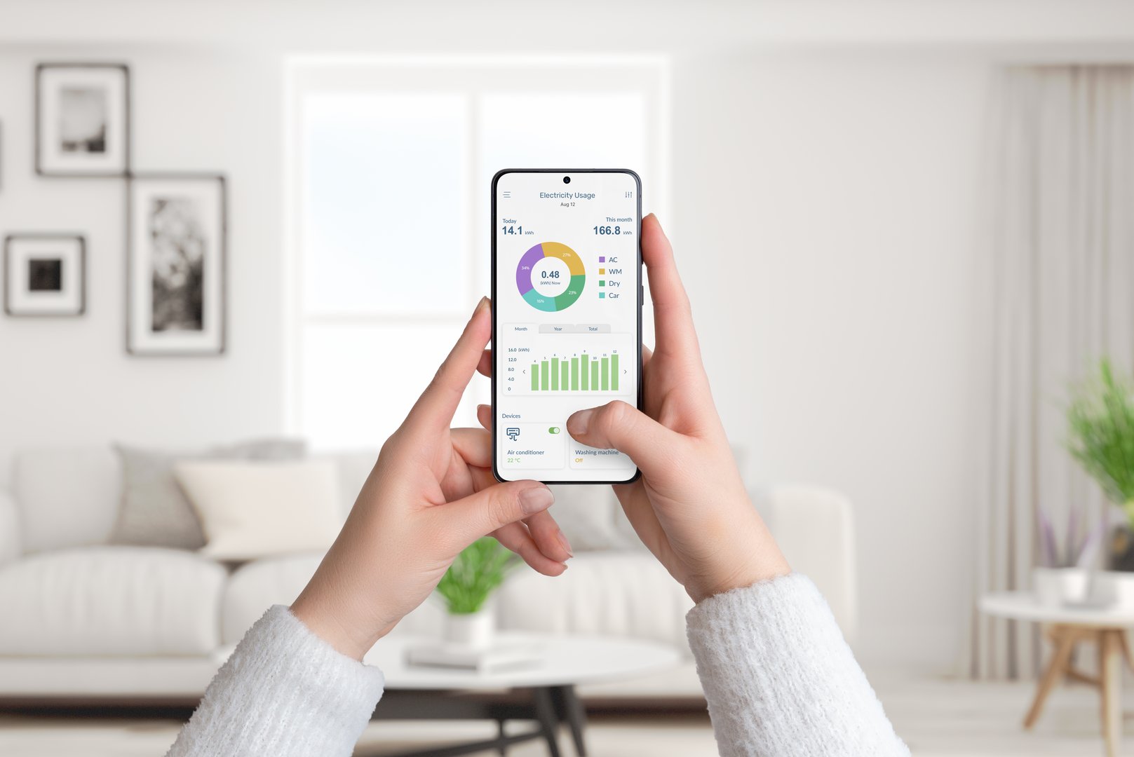 Woman holds smartphone with electricity usage app, monitoring and analyzing consumption for smart home. Living room background. Concept of energy efficiency