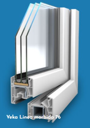 Cross-section of a Veka Linea morbida 76 window frame, showing its multi-layer glass and PVC construction.
