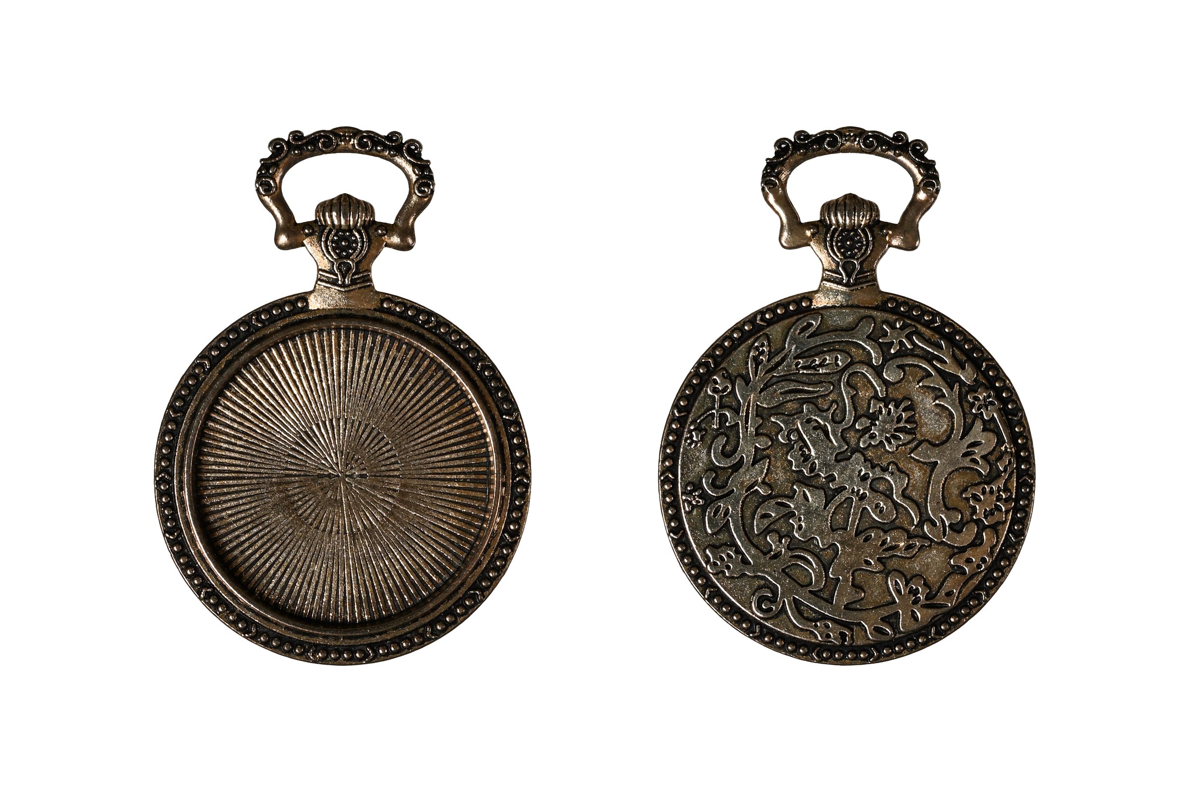 Old-fashioned bronze pendant with detailed floral ornament and empty circular tray. Retro jewelry component for creative craft projects or vintage design mockup.