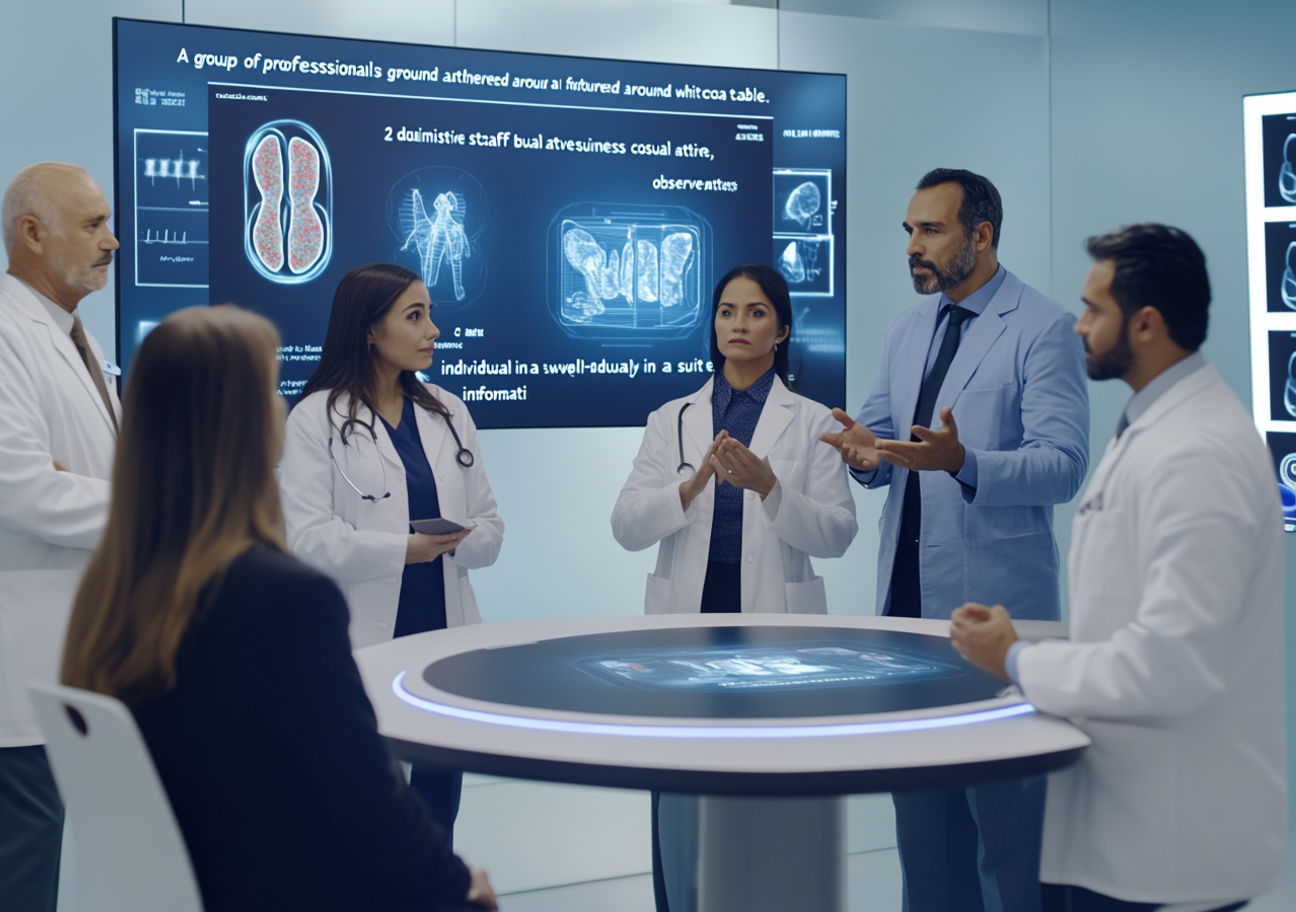 Doctors in a meeting room discussing medical scans displayed on screens, standing around a futuristic table.