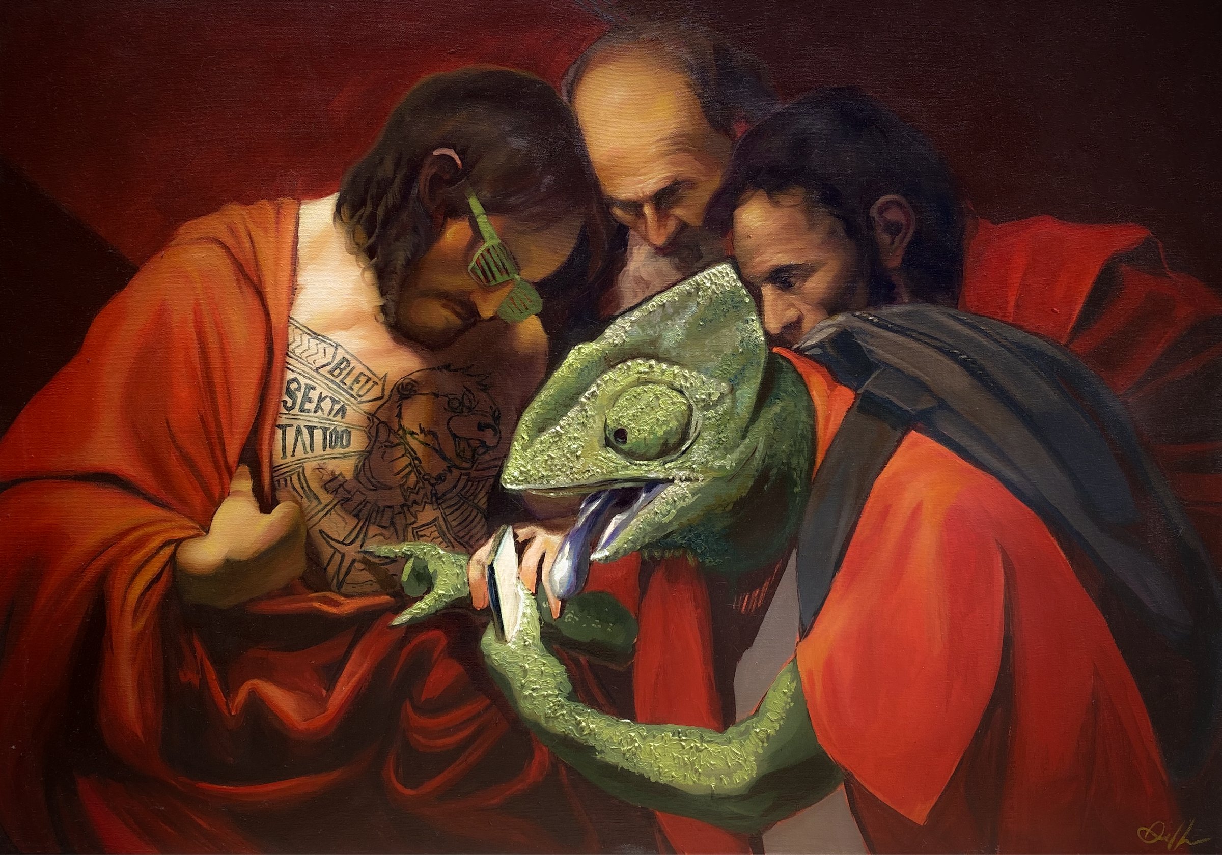 A surreal painting featuring three men examining a tattooed chest and a chameleon with a tongue out among them.