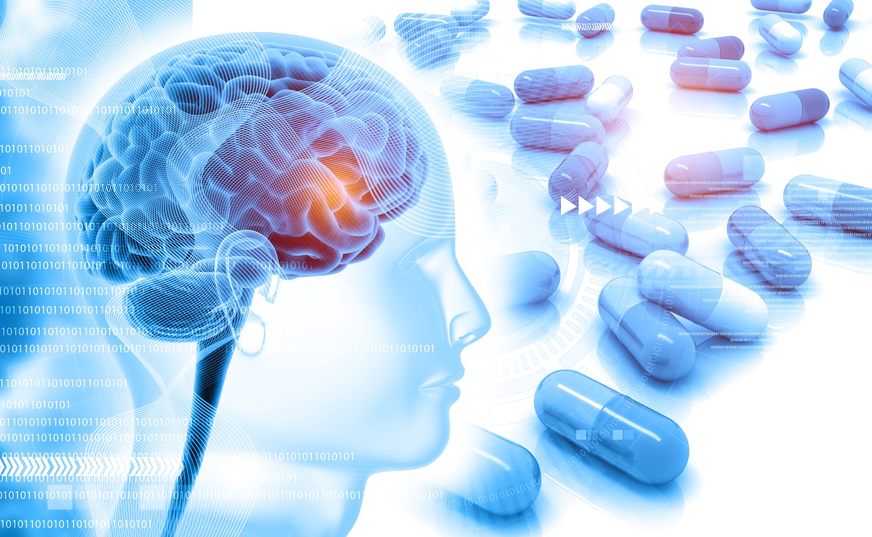 Human brain anatomy with medical pills. 3d illustration