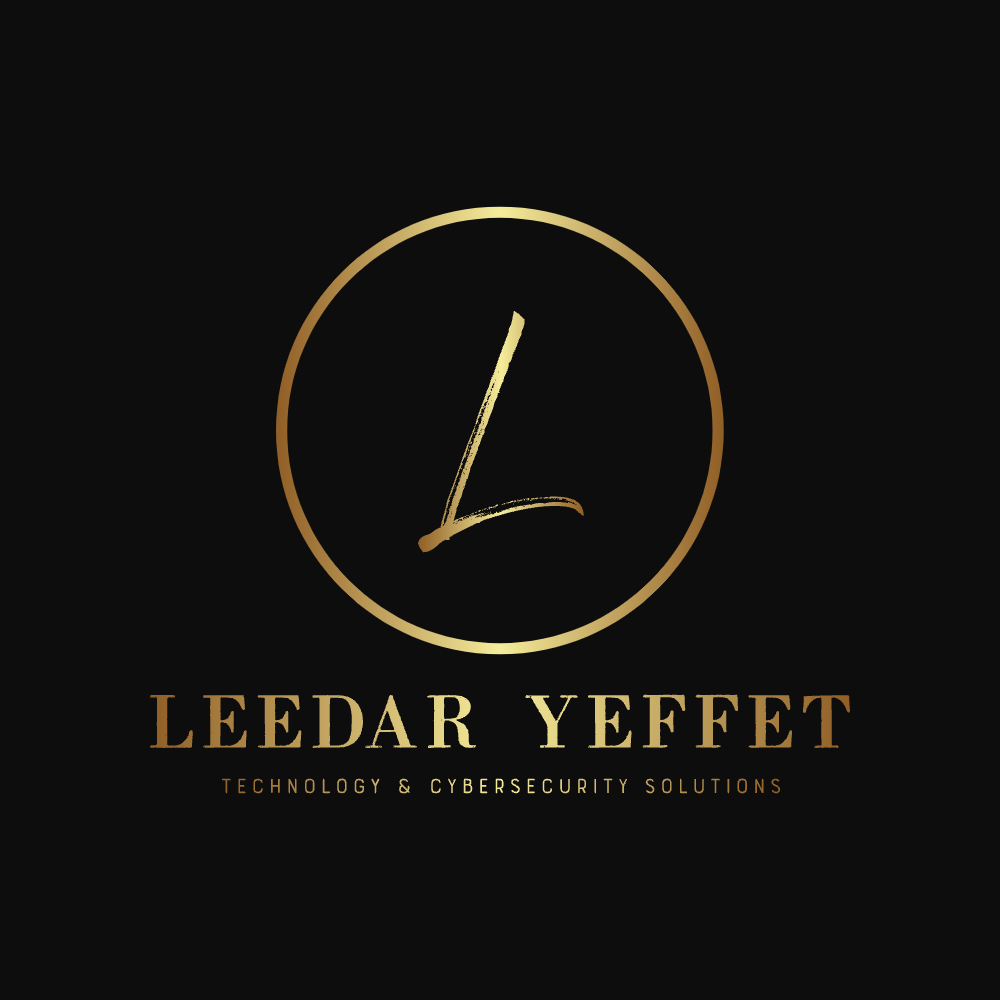 Gold letter L in a circle on black background, with text: Leedar Yeffet Technology &amp; Cybersecurity Solutions.