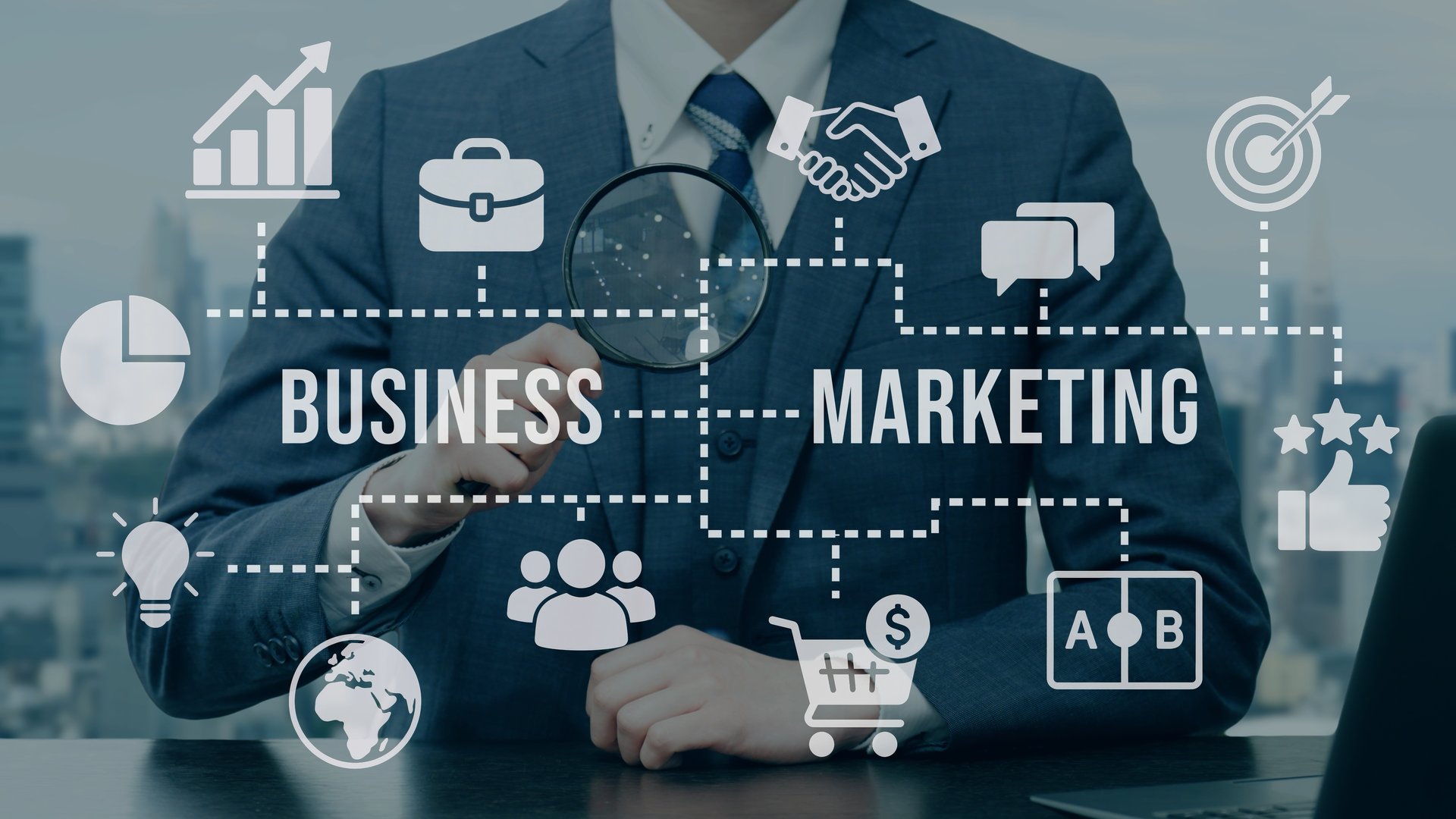 Businessman doing marketing research with a magnifying glass