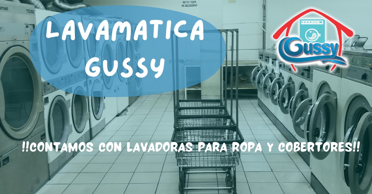 Interior of a laundromat named "Lavamática Gussy" with washing machines and laundry carts; text promotes services.