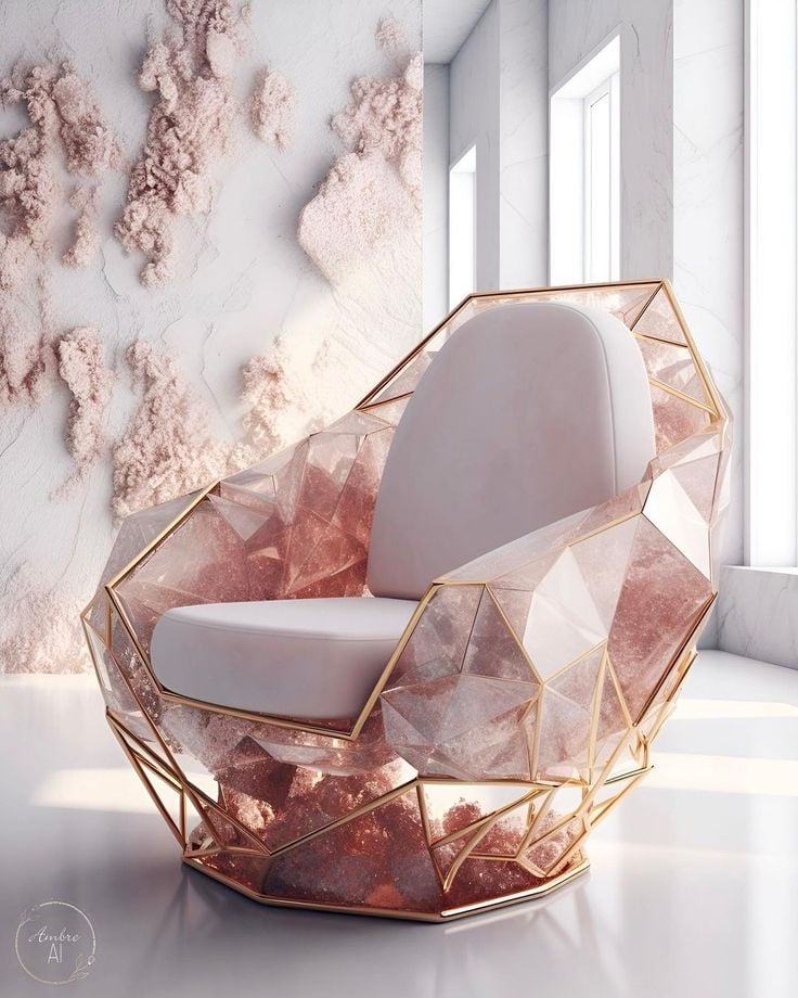 A crystal-inspired chair with pink geometric shapes and gold accents in a modern, stylish room with textured walls and natural light.