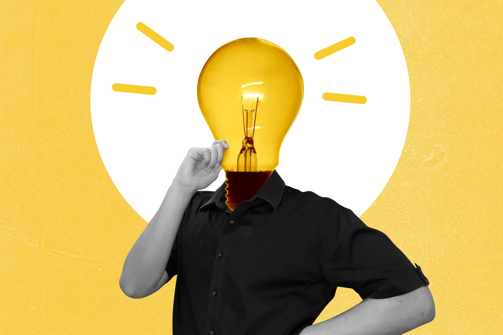 Person with lightbulb head, symbolizing creativity, innovation, and having a bright idea, set against a vibrant yellow background with minimalist graphic elements.