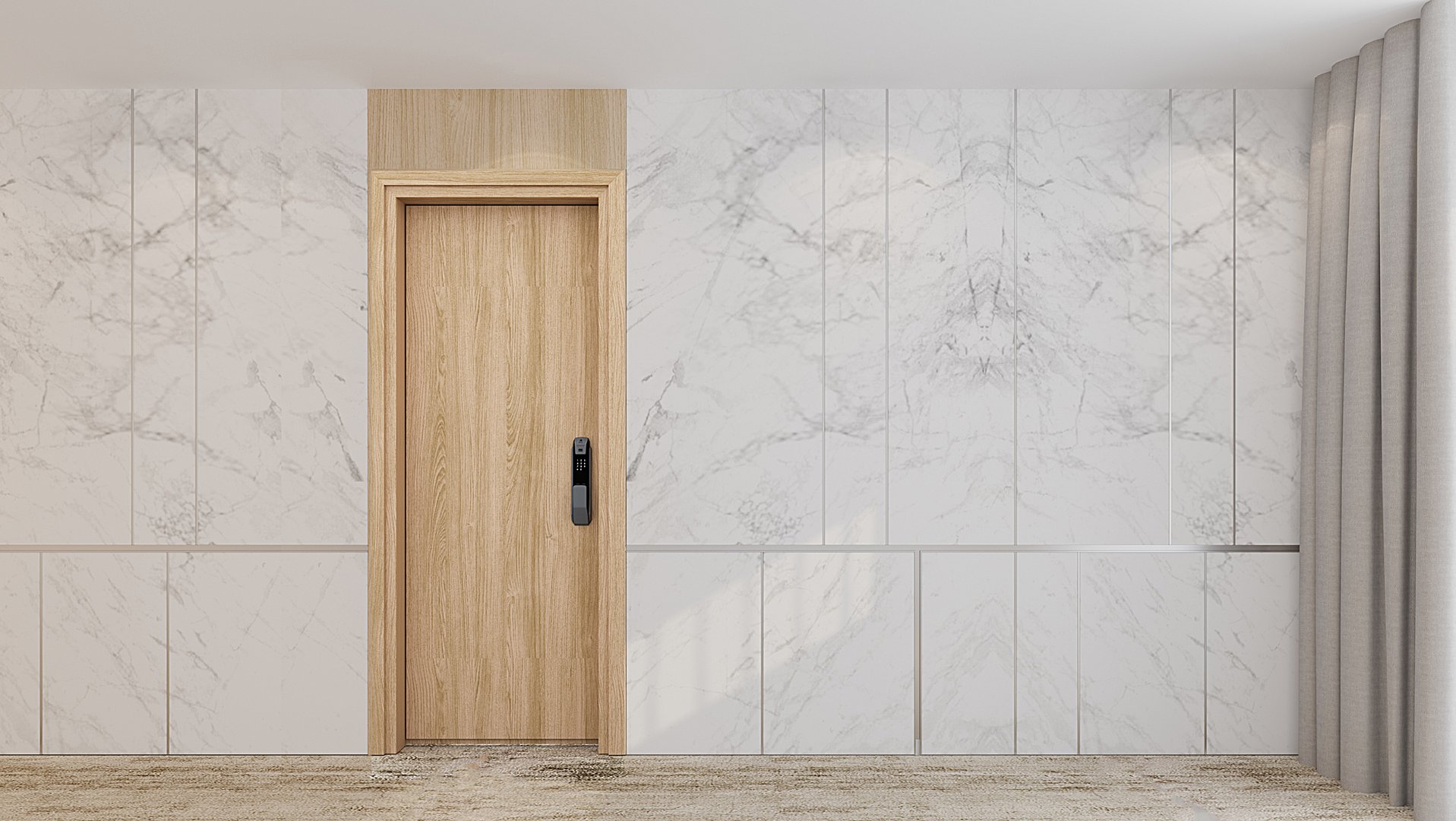Door on marble tile wall