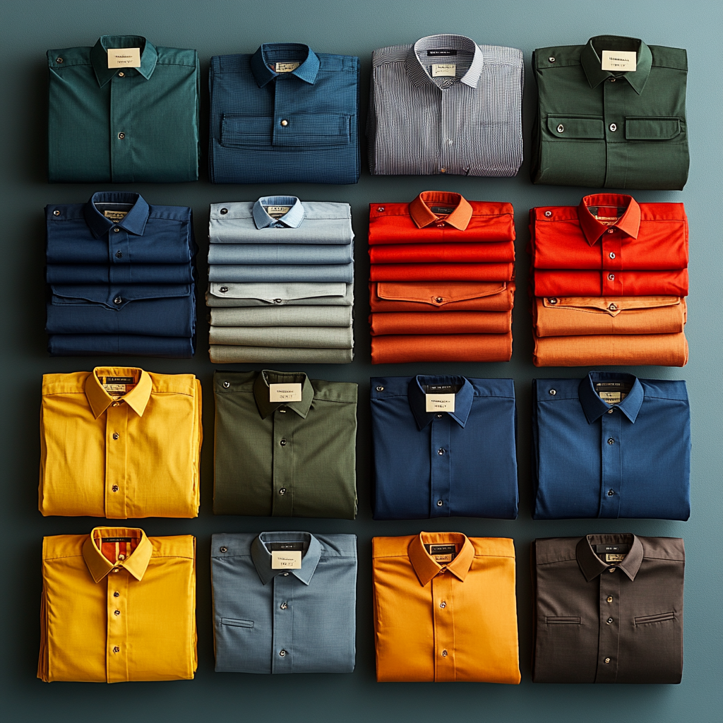 Eighteen neatly folded shirts in various colors arranged in a 4x5 grid on a flat surface.