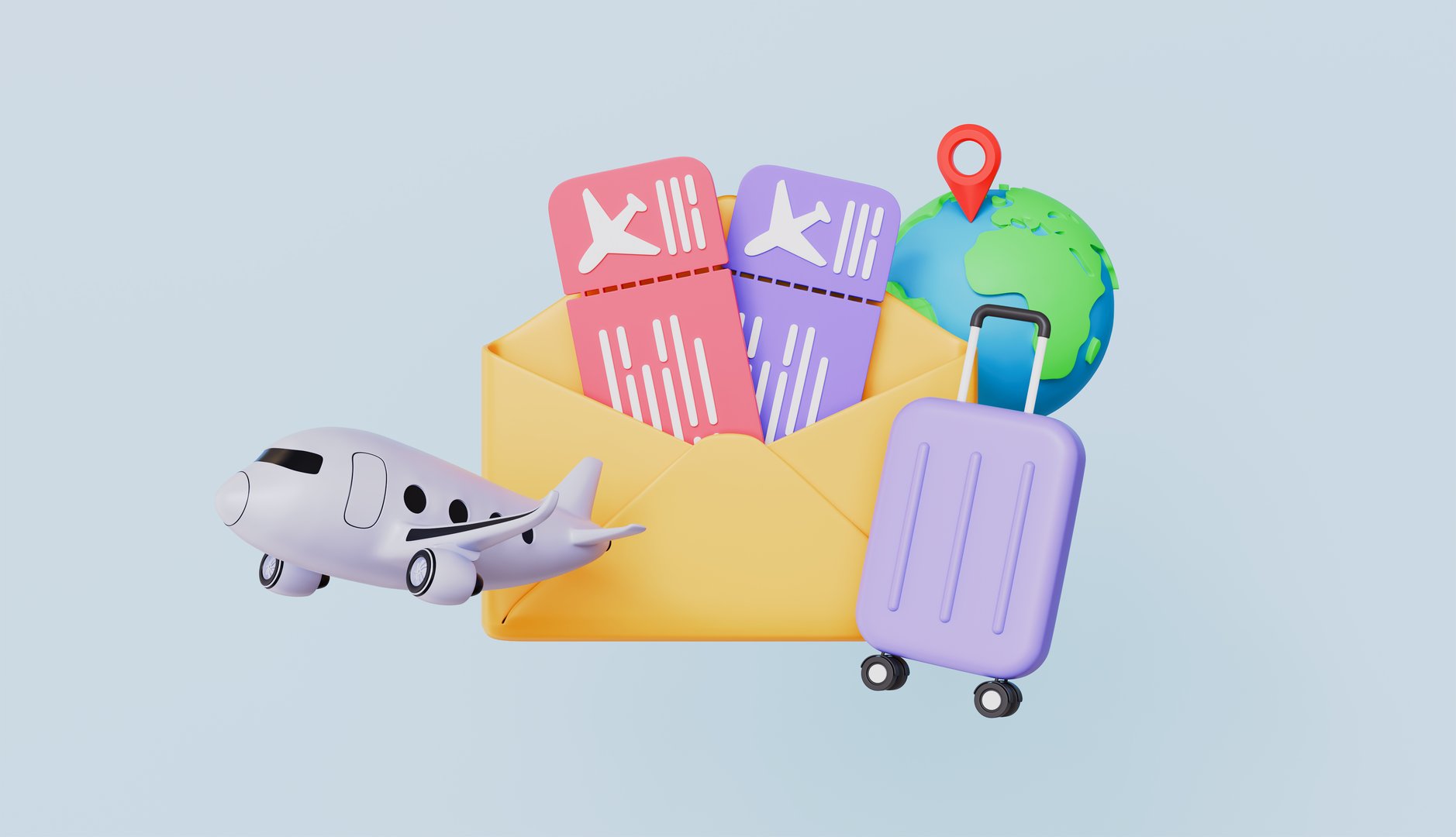 Airline boarding pass, Booking service, Passenger airplane ticket, Summer travel with suitcase