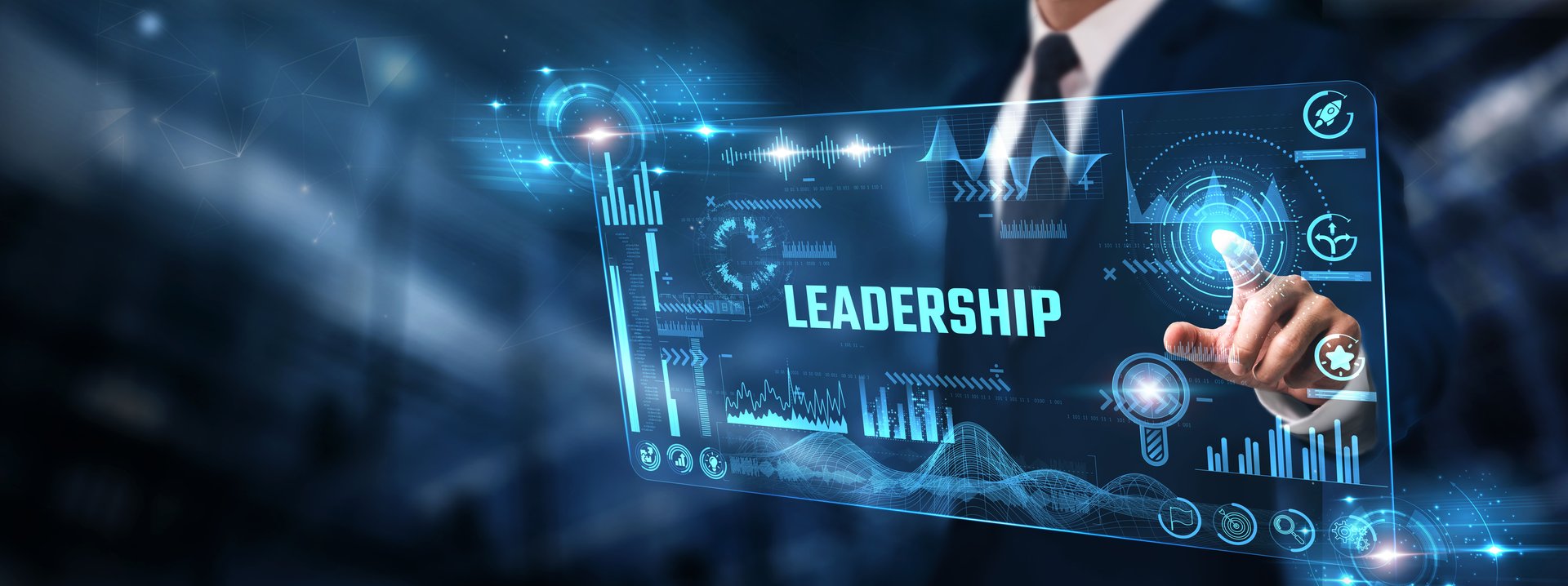 Leadership: Businessman analyzing digital screen of Graph data and decision-making, strategy development, team performance, goal setting, and organizational growth.
