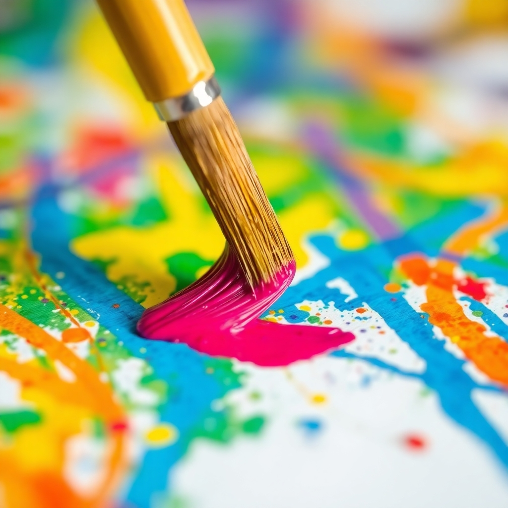 Paintbrush applying vibrant pink paint on colorful, abstract background with splashes of blue, yellow, and green.